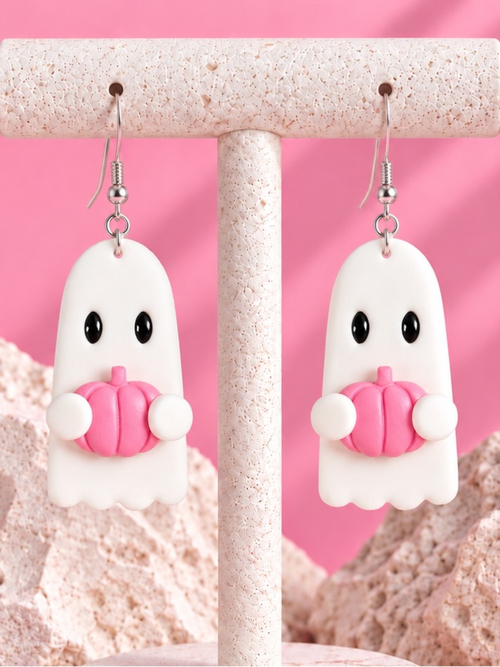 Fall Ghostie with Pumpkin — Fall & Autumn —
Handmade Earrings - White & Pink